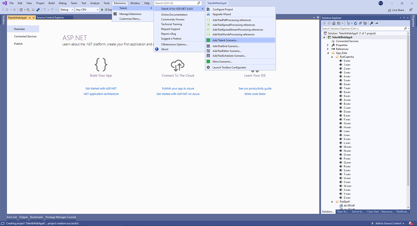 Telerik ASP.NET AJAX Visual Studio Scenario Template Add scenario page to project with Telerik ASP.NET AJAX Extensions