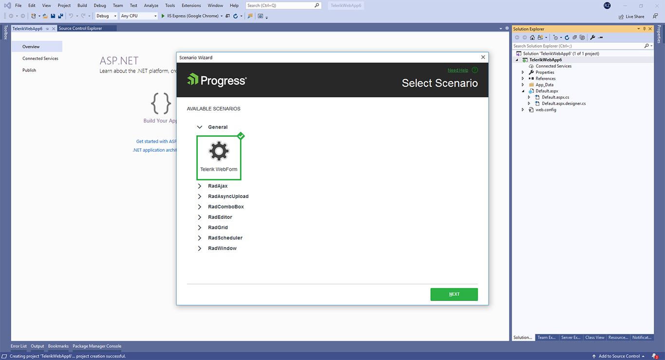 Telerik ASP.NET AJAX Visual Studio Scenario Page Template Select scenario page with Telerik ASP.NET AJAX Extensions