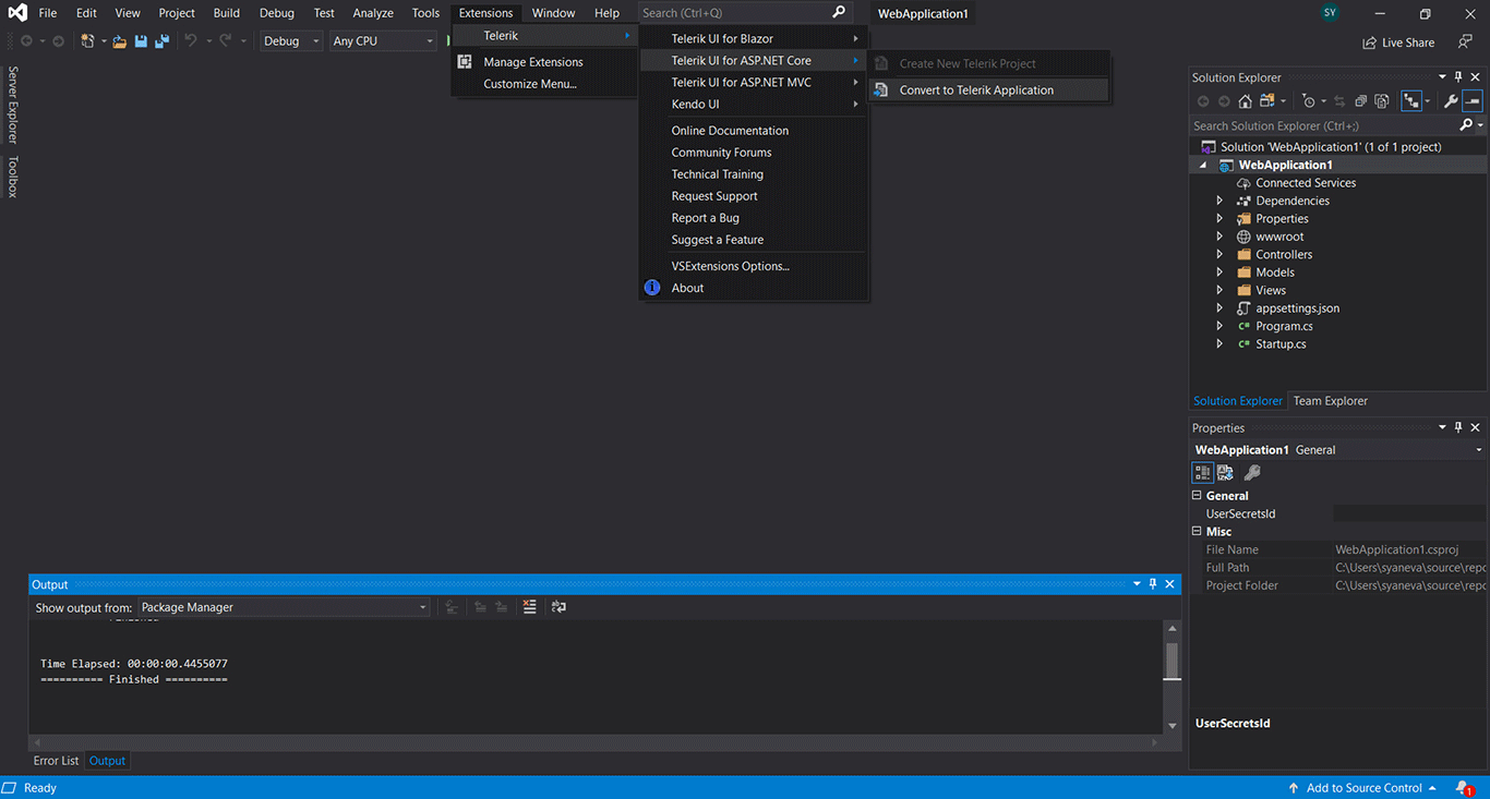 Telerik ASP.NET Core Visual Studio Convert Project Convert existing project to Telerik ASP.NET Core