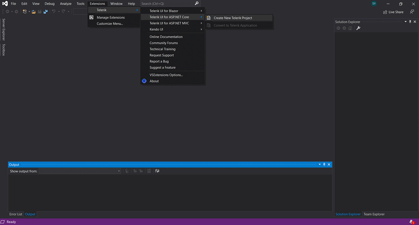 Telerik ASP.NET Core Visual Studio Project Template Create new project with Telerik UI for ASP.NET Core Visual Studio Extensions