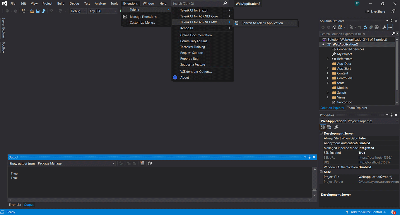 Telerik ASP.NET Core Visual Studio Convert Project Convert existing project to Telerik ASP.NET MVC