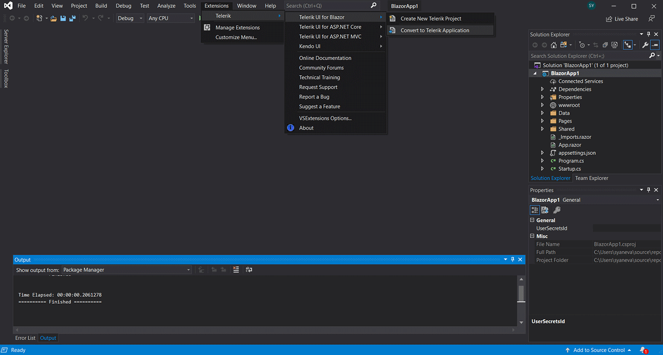 Telerik Blazor Visual Studio Convert Project Template Convert existing Blazor project to Telerik
